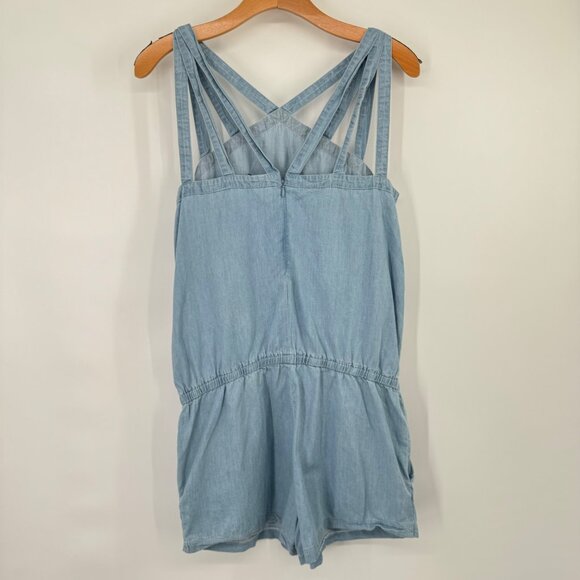 Fabletics Women's chambray Blue Denim Romper Pockets Crisscross Straps sz medium - Picture 8 of 10